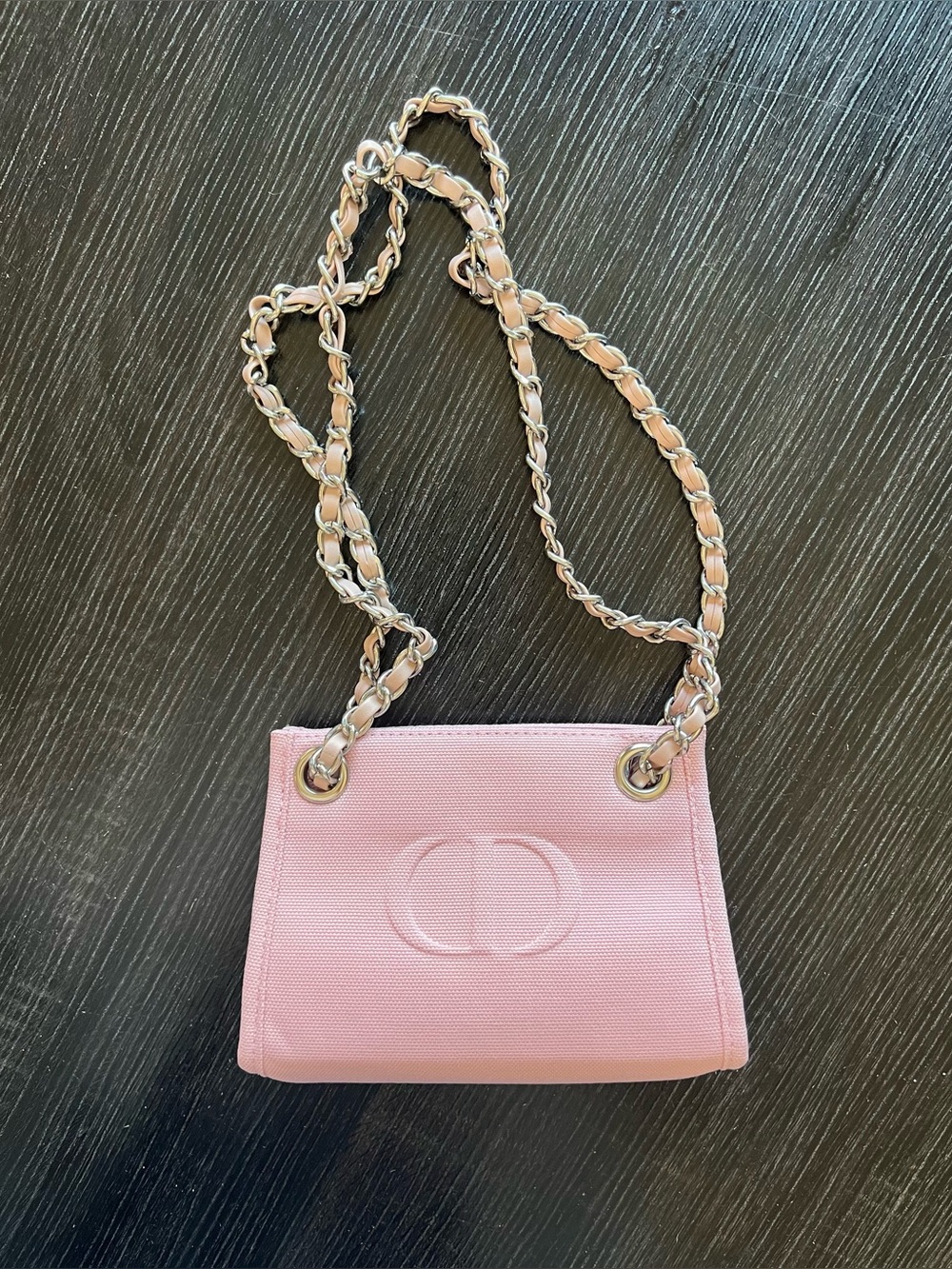 Dior Light Pink Canvas Mini Crossbody with Silver Woven Chain